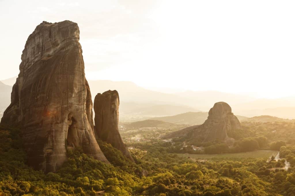 Breathtaking view of rocks of Meteora at sunset, Greece.
