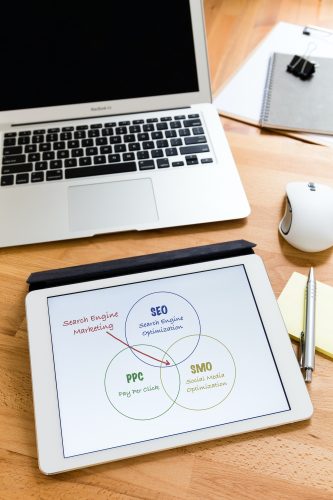 Business working desk with tablet showing search engine marketing concept Business working desk with tablet showing search engine marketing concept